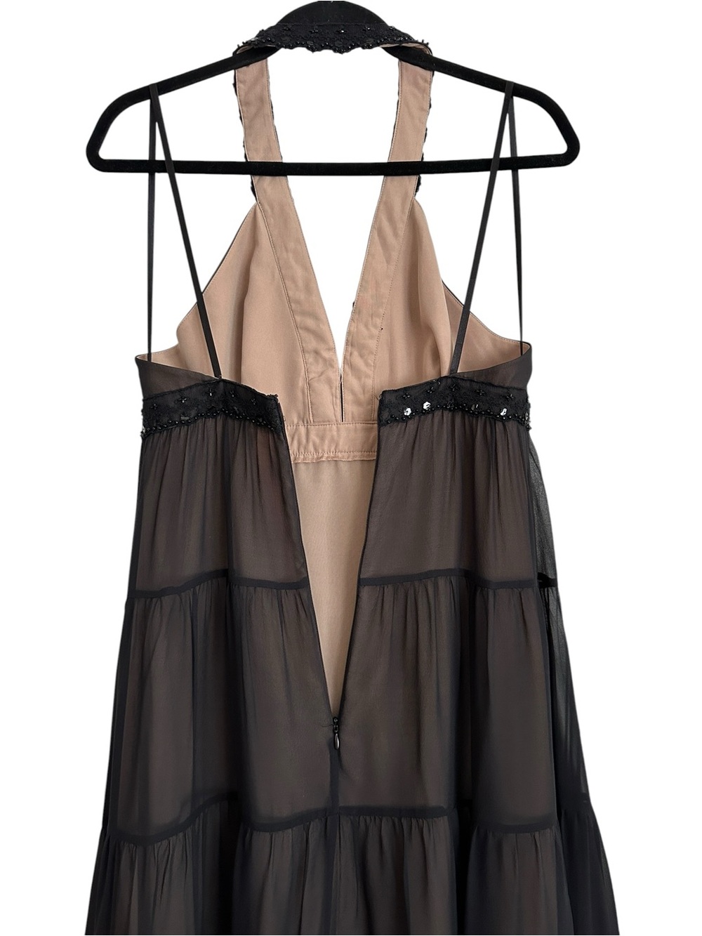 BCBG Paris Black Silk Beaded Halter Maxi Dress Tiered Y2K Evening Cocktail Sz 8‎ - Picture 8 of 14
